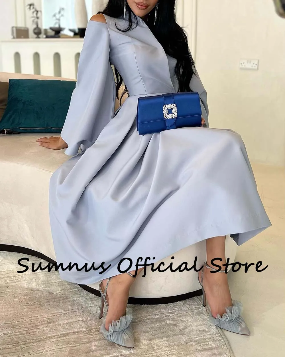 Sumnus cetim ouro árabe saudita vestidos de noite manga comprida pescoço alto elegante Dubai Prom Party Gowns chá comprimento vestido formal