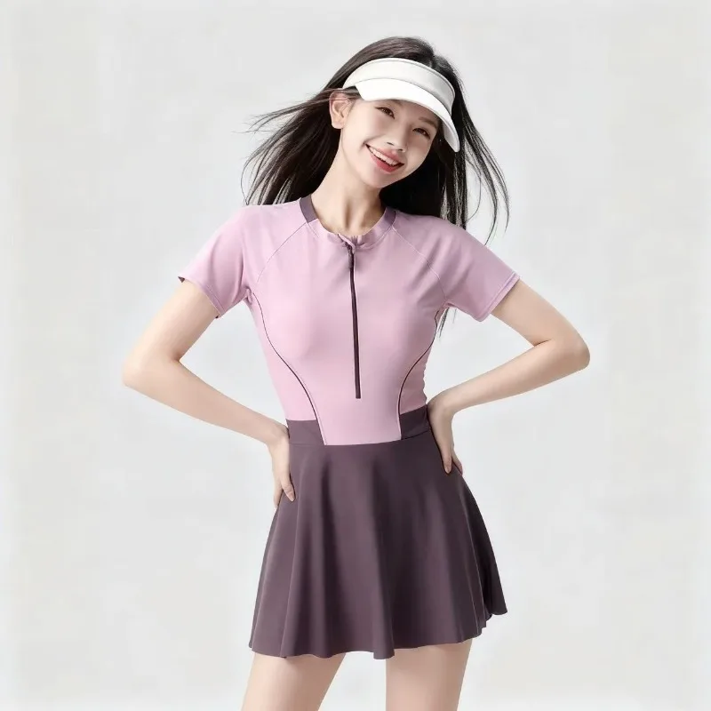 Korean Women's One-piece Swimsuit Short Sleeves Breach Dress Athletic Swimwear for Swimming Modest Tummy Control Bathing Suit