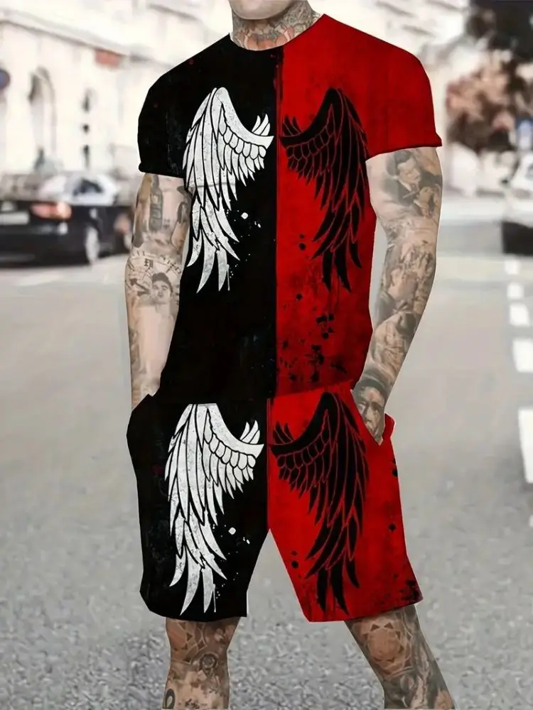 Y2k Men's Summer Casual Everyday Short Sleeve and Shorts 2pcs Set Cool Dragon pattern 3D Print T-Shirt +Drawstring Short Set