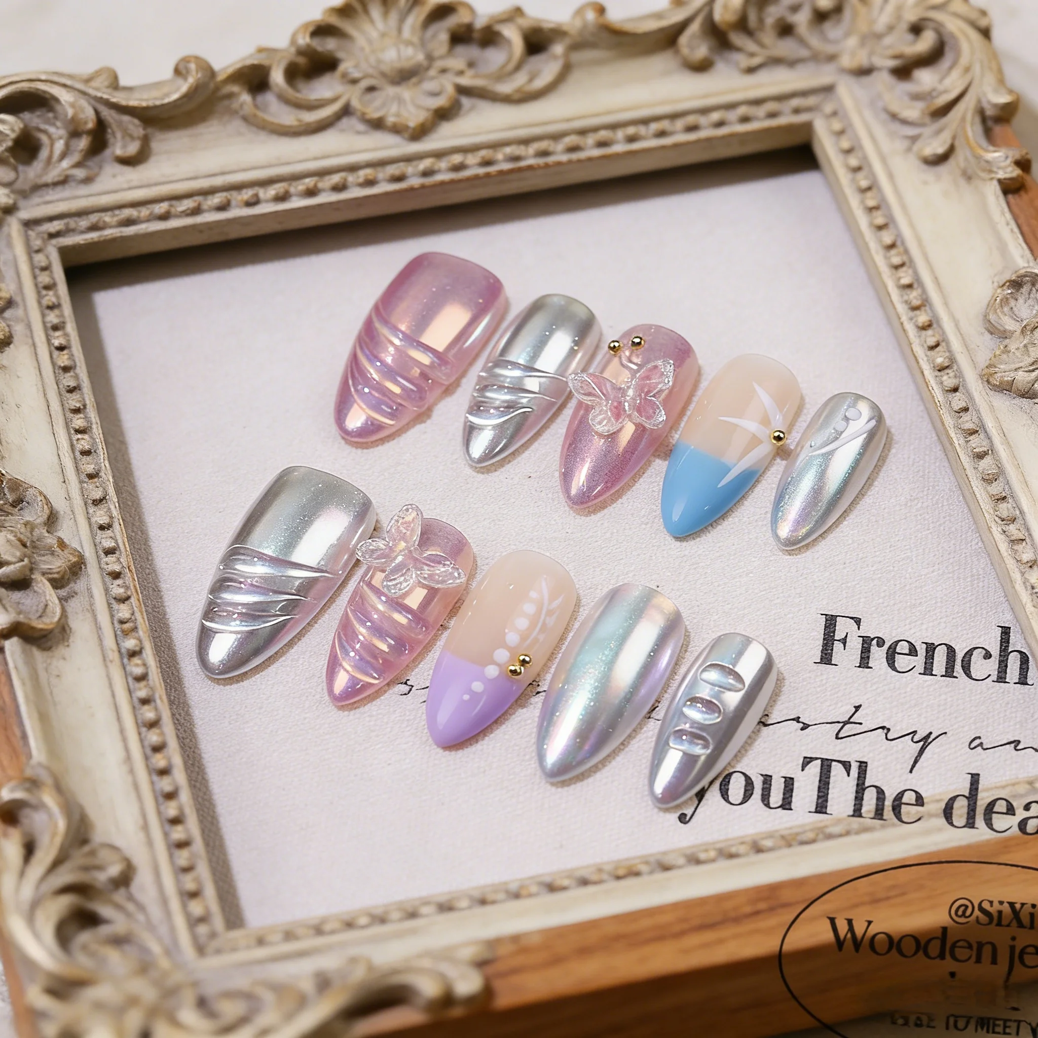

10pcs Blue French Butterfly Handmade Nails Cherry Blossom Mist Star Sea Press-on Nails Medium Almond Fake Nails for Women&Girl