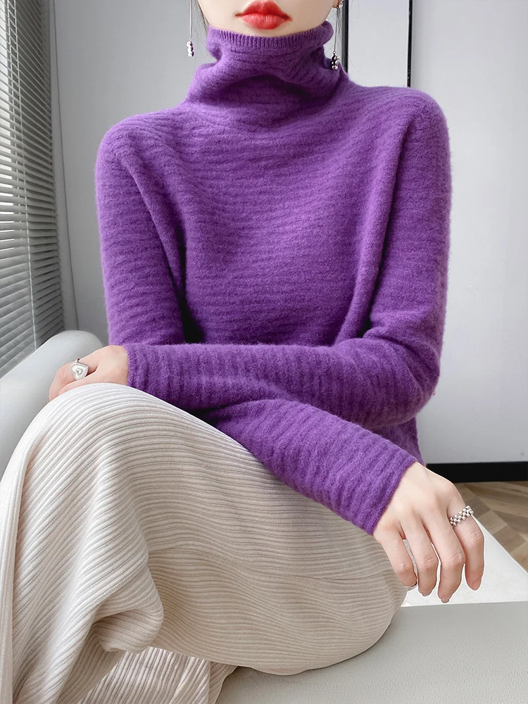 

2025 Women's Autumn Winter Cable Stitch Turtleneck Pullover Solid Color 100% Merino Wool Knitted Sweater Comfortable Warm Tops