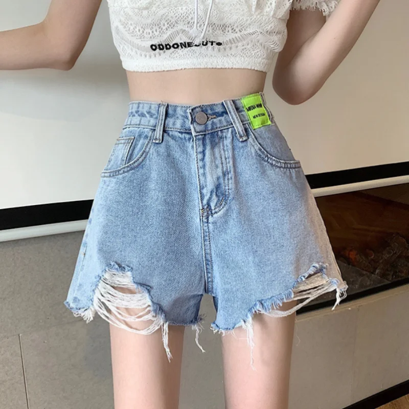 Denim Shorts Women\'s Summer Korean Version High Waist Loose and Thin A-line All-match Ripped Design Mini Pants Ins Rave Y2k Jean