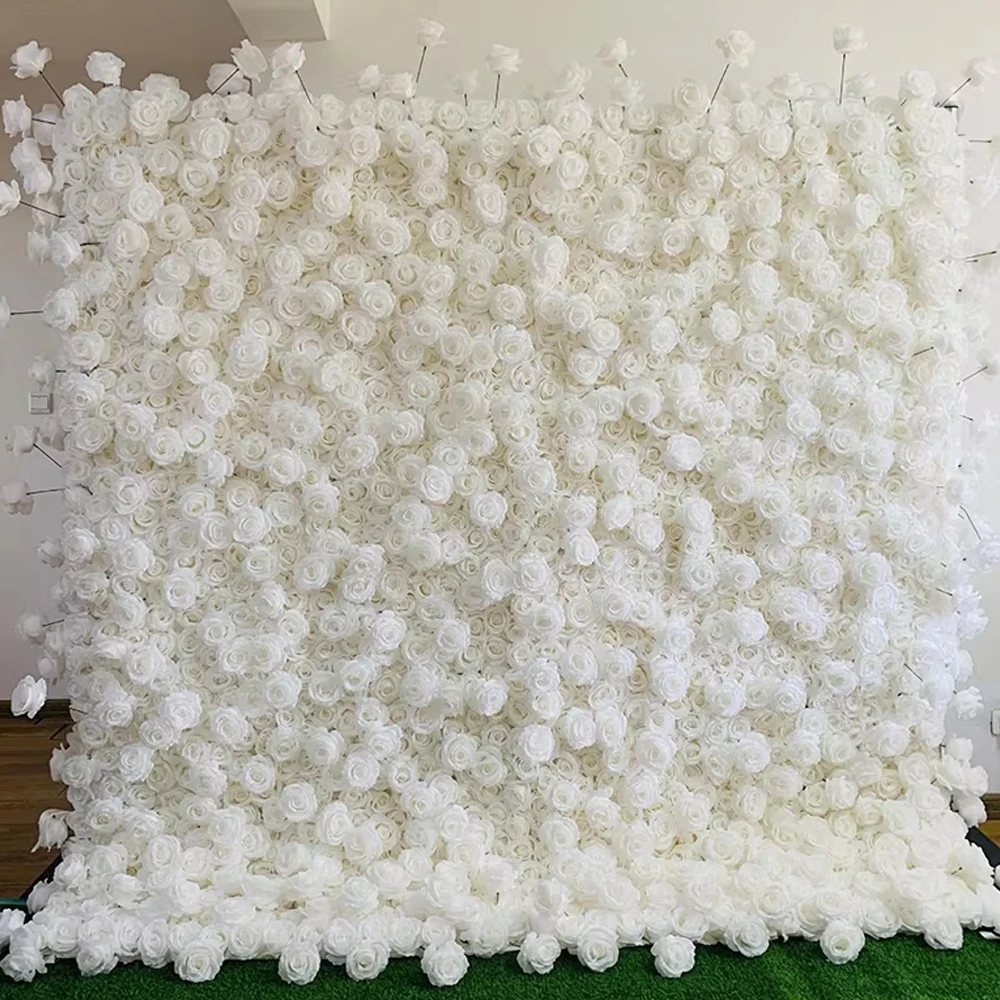 

Uflower 3D White Rose Cloth Curtain Flower Wall Roll Up Wedding Backdrop Props Flora Wall Party Event Props Wedding Decoration