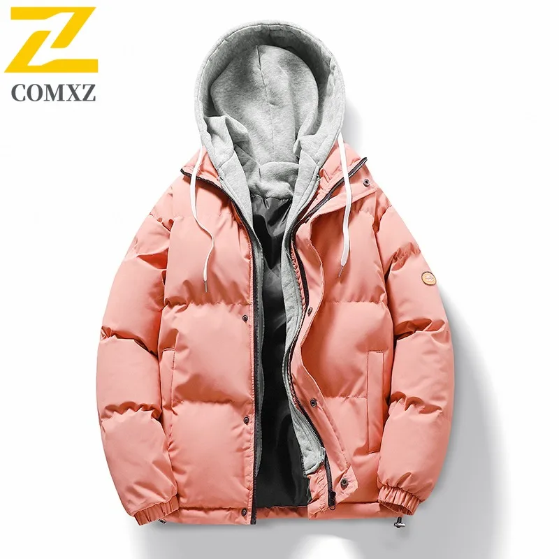 COMXZ 2025 الرجال وهمية قطعتين مقنعين صوف مبطن سترة قطن سميكة الشتاء العصرية الدافئة معطف خفيف الوزن