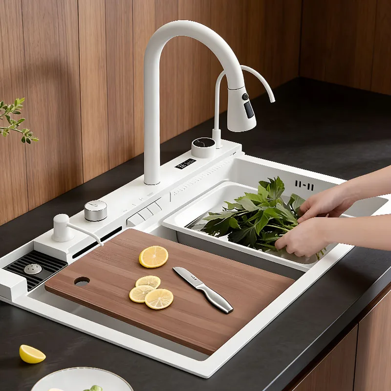 

Piano keys Cream White Multifunctional Kitchen Sink Double-track Free combination Cutting board Drain basket Basin in basin