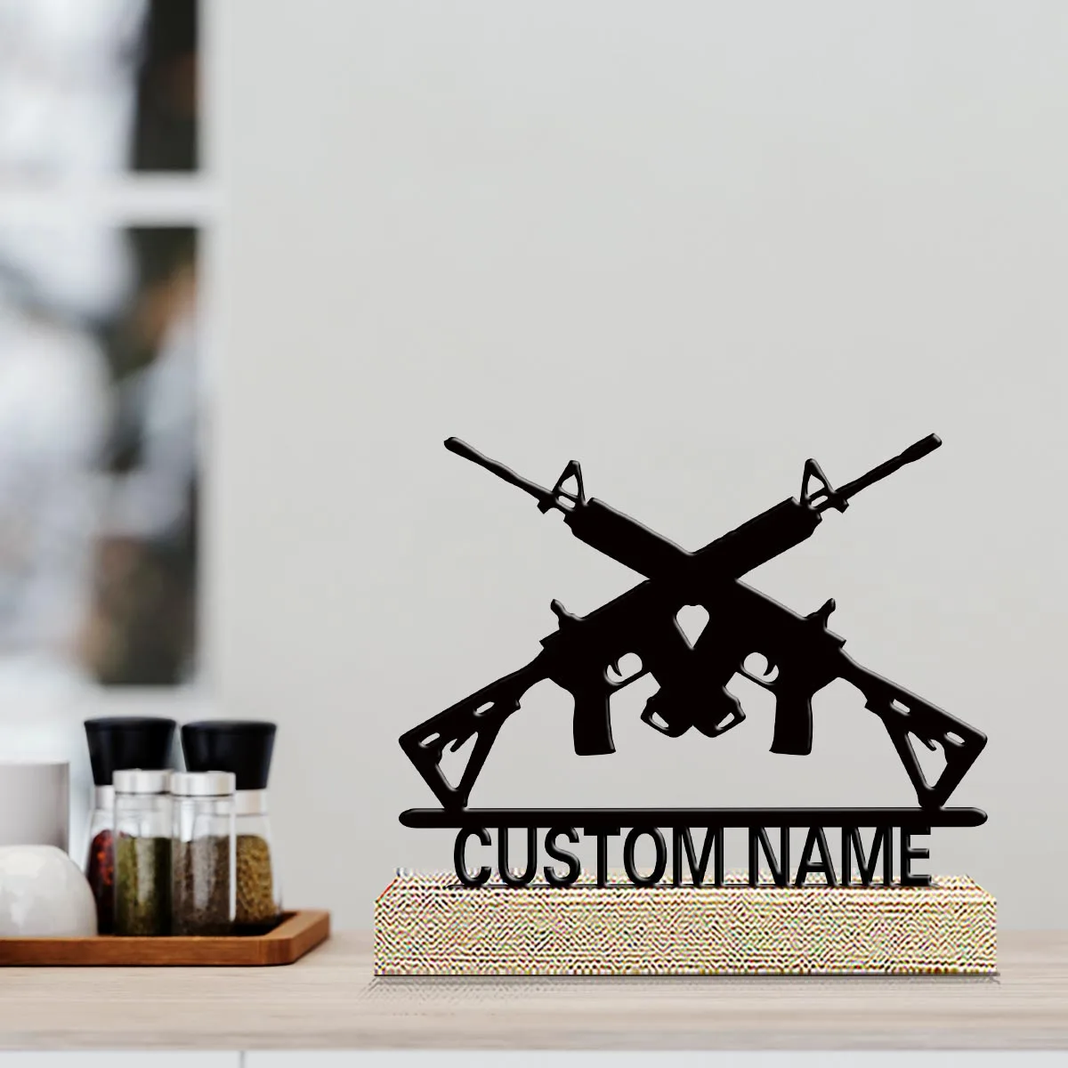 1pc Customizable Metal Desktop Ornaments Custom Content With Wooden Base Room Decorations, Bar Counter Decorations