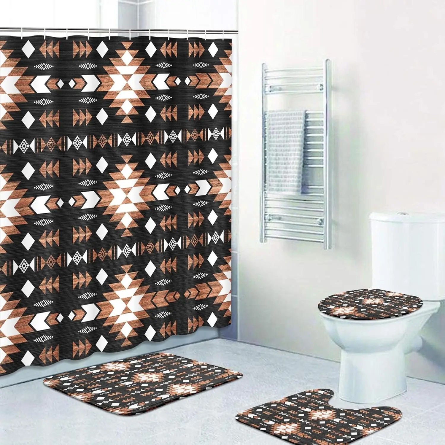 

Наборы занавесок для душа из 4 предметов с 12 крючками, винтажный абстрактный узор в стиле вестерн ацтекского геометрического рисунка в стиле бохо с нескользящими ковриками