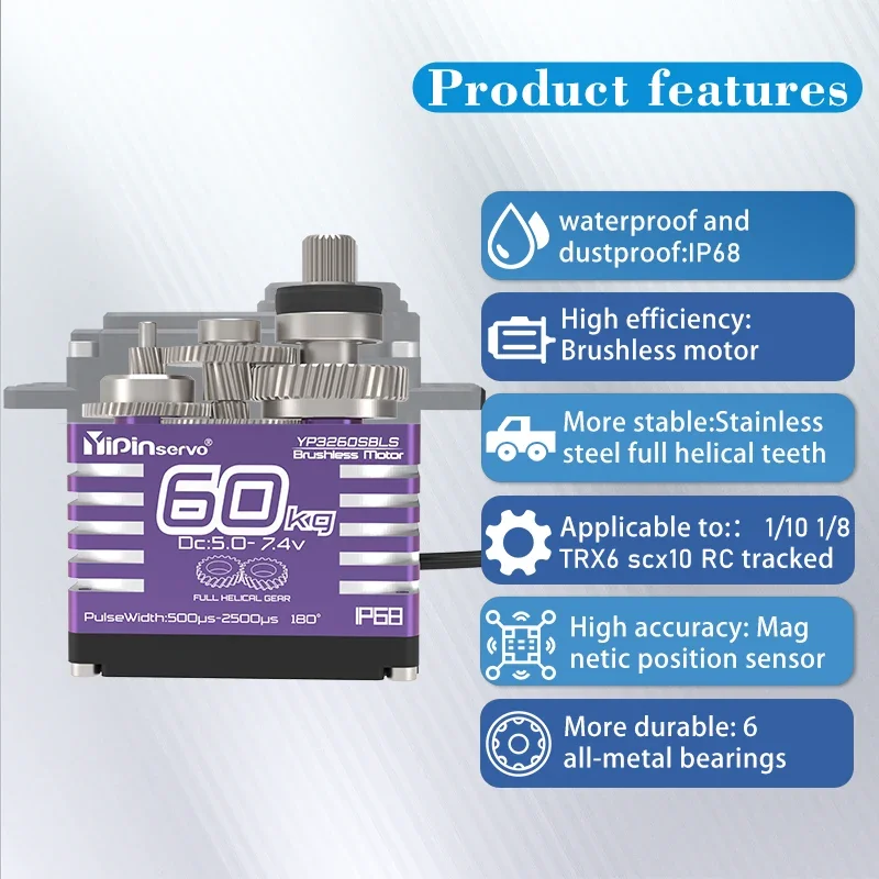 YiPinservo 60kg 브러시리스 모터 IP68 방수 디지털 서보 RC 1/8 1/10 RC 자동차 로봇 용 고 토크 모든 금속 헬리컬 기어