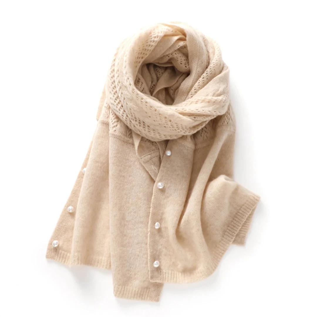 

Шарф из 100% чистого кашемира, шаль, женский кардиган, универсальный полый кабель, жемчужная пуговица, роскошный однотонный вязаный шарф, галстук, праздничный подарок