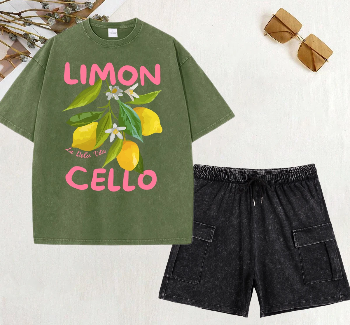 Lemon Fruits Cello Pink Letter Prints Washed T Shirts Womens Street Oversize Short Sets Summer Hip Hop T-Shirt Set Cotton Pants