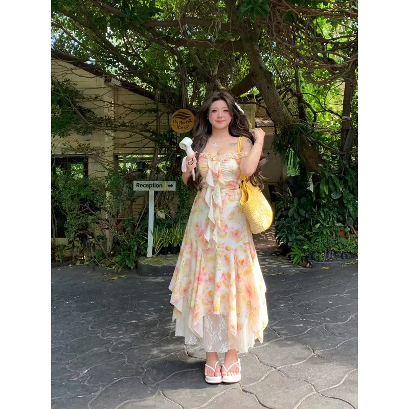 2025 sommer Mode Temperament Floral Spitze Trim Ärmelloses Kleid Plus Größe Frauen Urlaub Maxi Rock Blumen Druck Kleid
