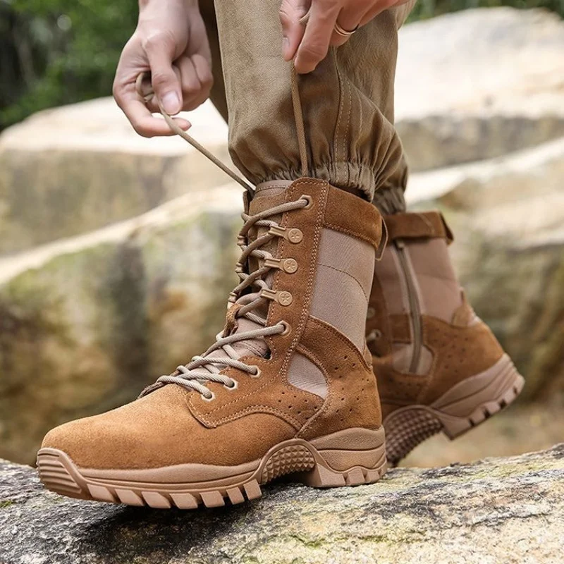 Luxury Waterproof Cowhide Shoes Fashion Side Zipper Lace-up Boots Outdoor Hiking Climbing Boot Wear-resistant Non-slip Shoe