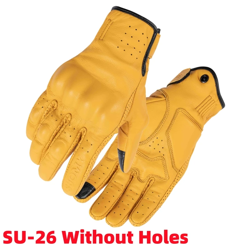 

Retro Yellow Motorcycle Leather Gloves Perforated Summer Breathable Touch Screen Motobike Cycling Full Finger Gloves