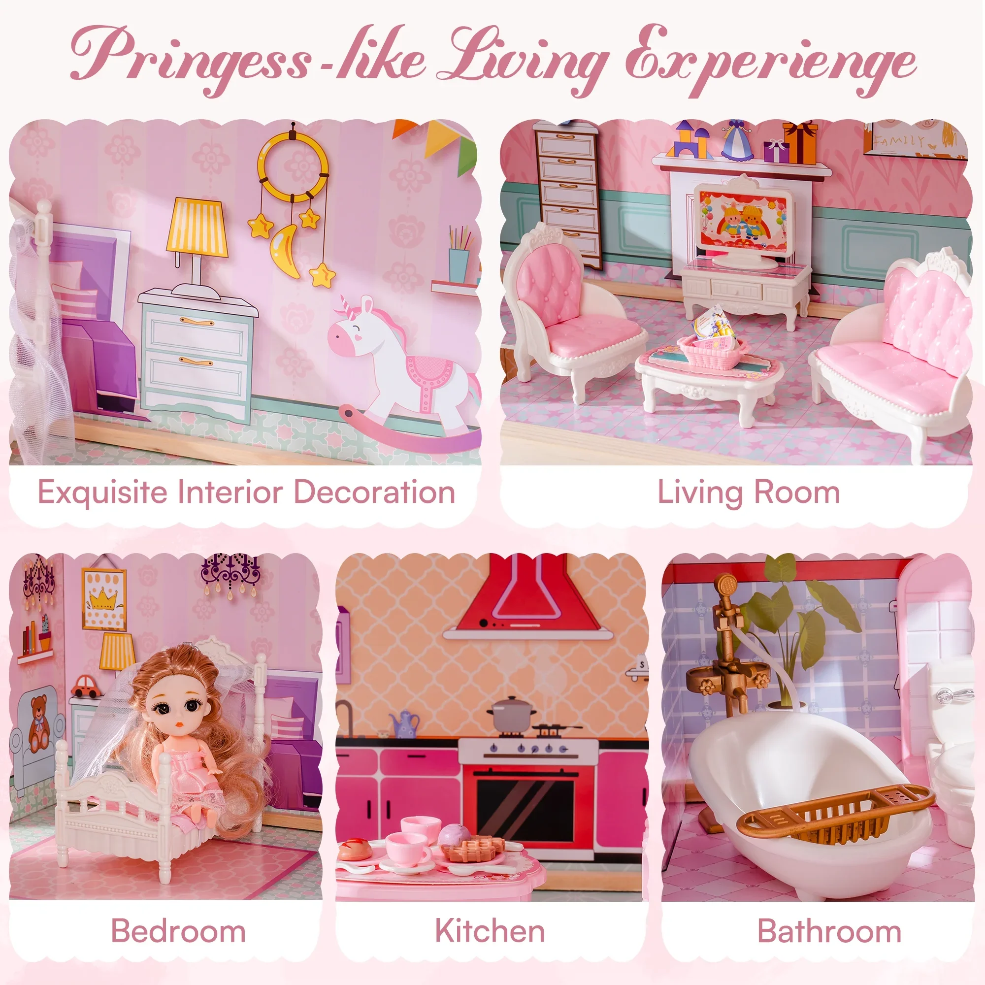 Robotime Robud Casa de muñecas de madera con muebles de 20 piezas Casa de muñecas de juguete preescolar de 3 pisos para niños niñas 23,4 "X 12" X 32 "Rosa