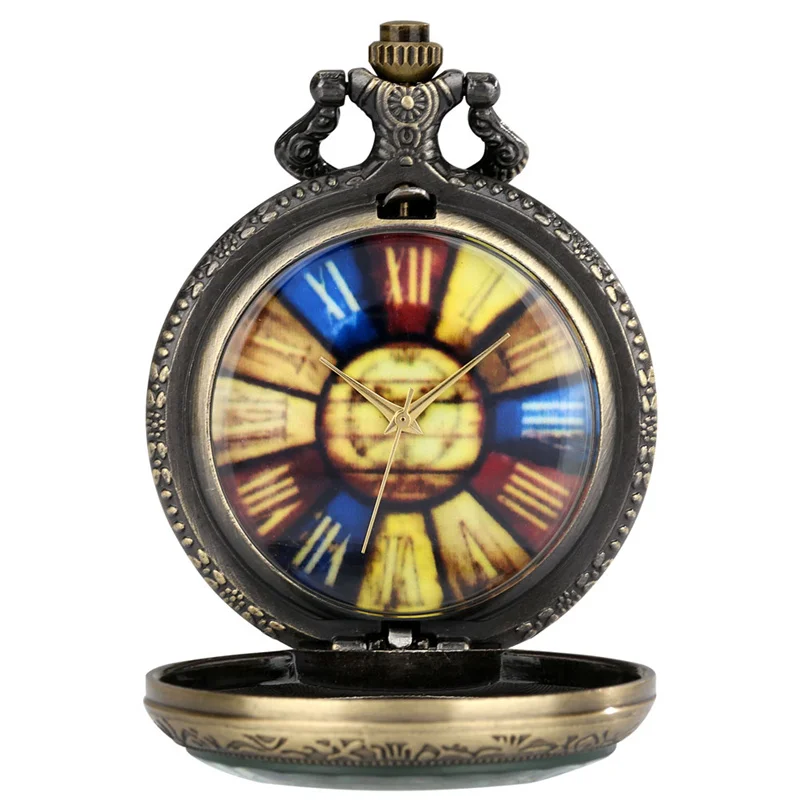 Steampunk Colorful Roman Numeral Dial Half Hunter Men's Analog Quartz Pocket Watch Bronze Pendant Clock with Necklace Chain