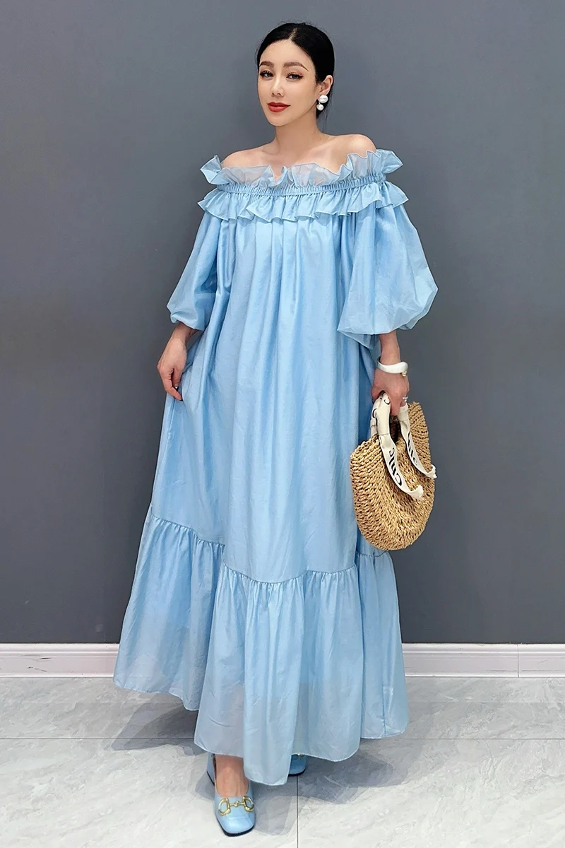 Vefadisa 2024 Summer New Blue Pink Women Dress One Line Neck Off Shoulder Lantern Sleeve Dress Flower Lace-up Long Dress HLX366