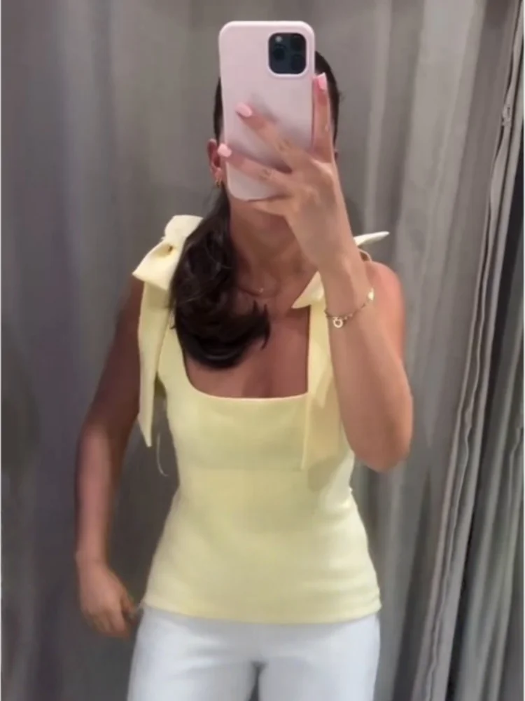 مثير ثلاثي الألوان مع القوس الكتف الأشرطة بلايز امرأة الترفيه تنوعا شيك أناقة قميص 2025 ملابس امرأة جديدة