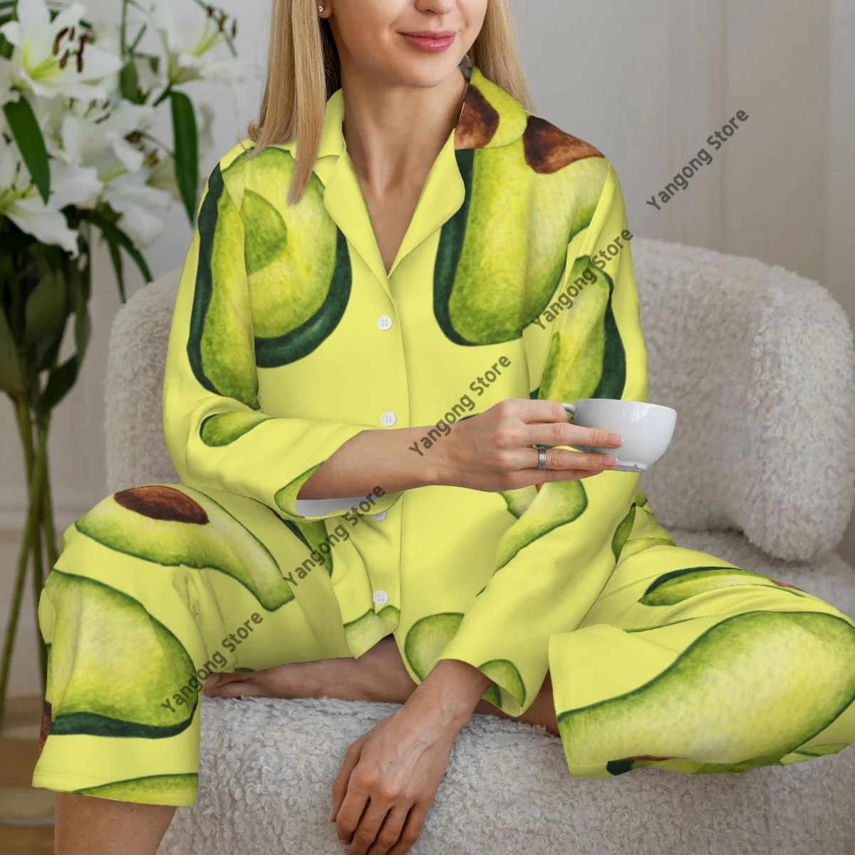 Spring and Autumn Long Sleeve Pants Pajamas Loungewear Set Watercolor Avocado Women's Pull Edge Loose Sleeping Suit