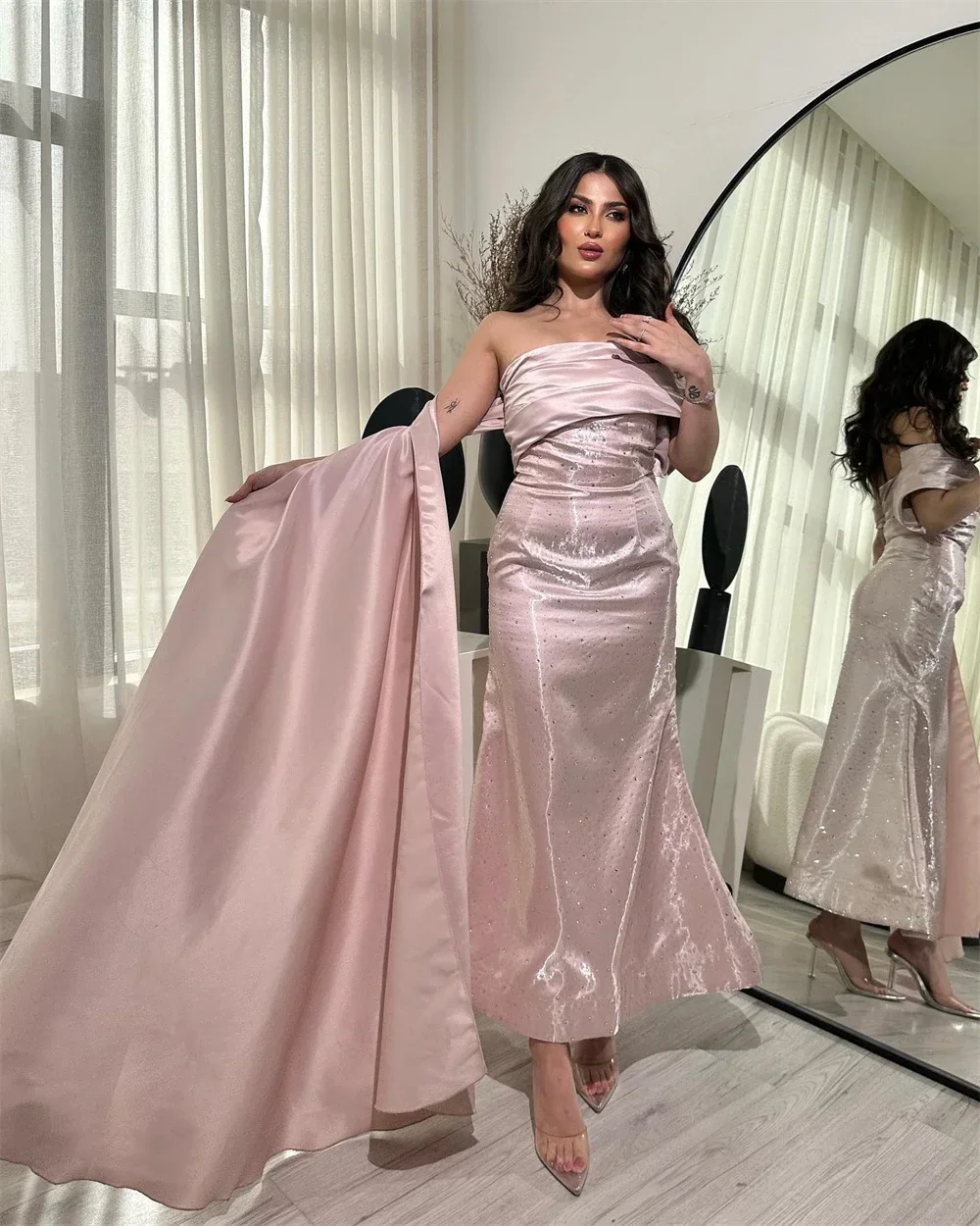 

Customized High Quality Elegant Off The Shoulder Mermaid Stole Prom Dress Ankle Length Sleeve Sequin Formal Evening Gow