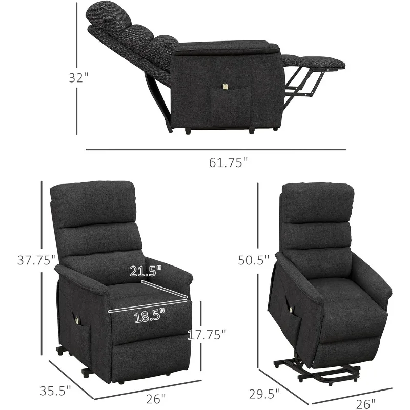 Power Lift Recliner Chair for Elderly, Easy Assembly, Side Pockets for Living Room, Black，home.