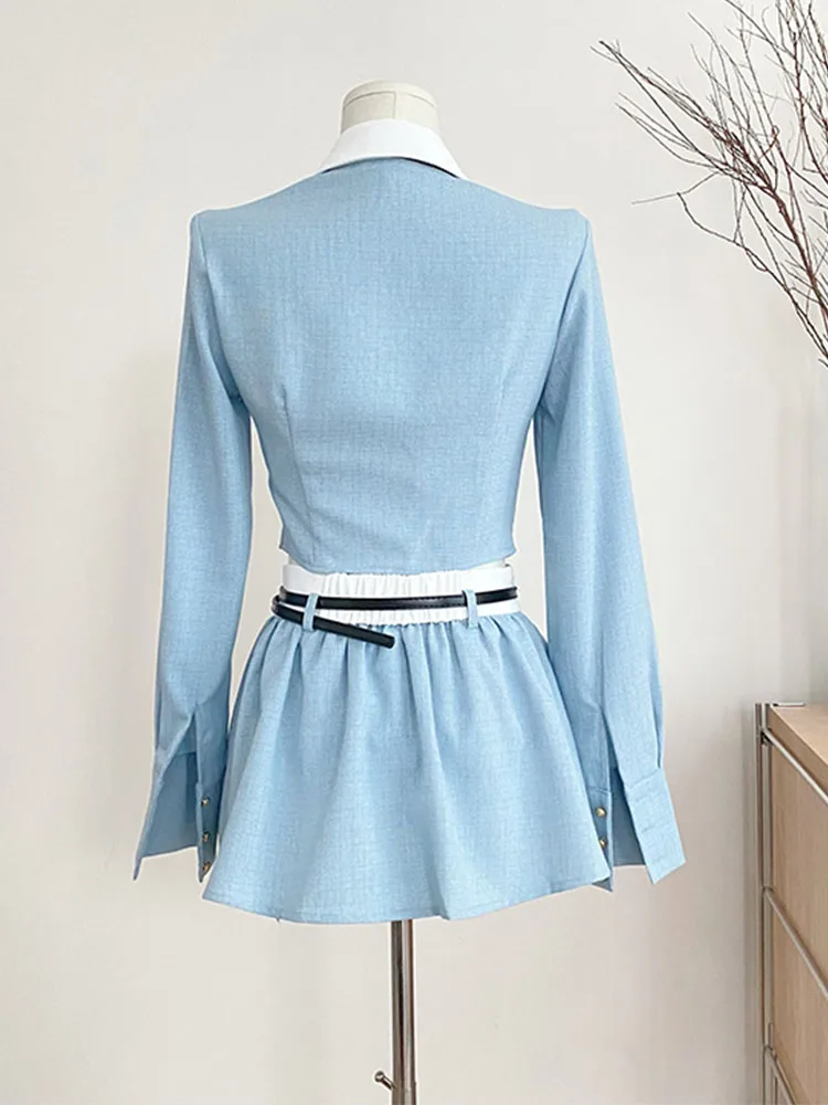 Formal Occasion Outfits 2 Piece Skirt Set V-Neck Blue Shirts Luxury + Wrap Hip Elastic Waist Skirts Korean Fashion Preppy Style