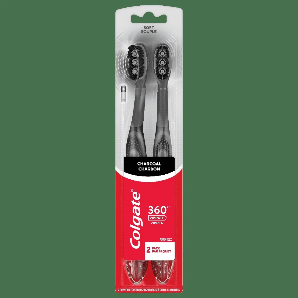 Зубная щетка на батарейках с вибрирующим углем на 360 градусов, 2 шт., с мягкой щетиной на кончике нити, чистка всего рта, подходит для путешествий