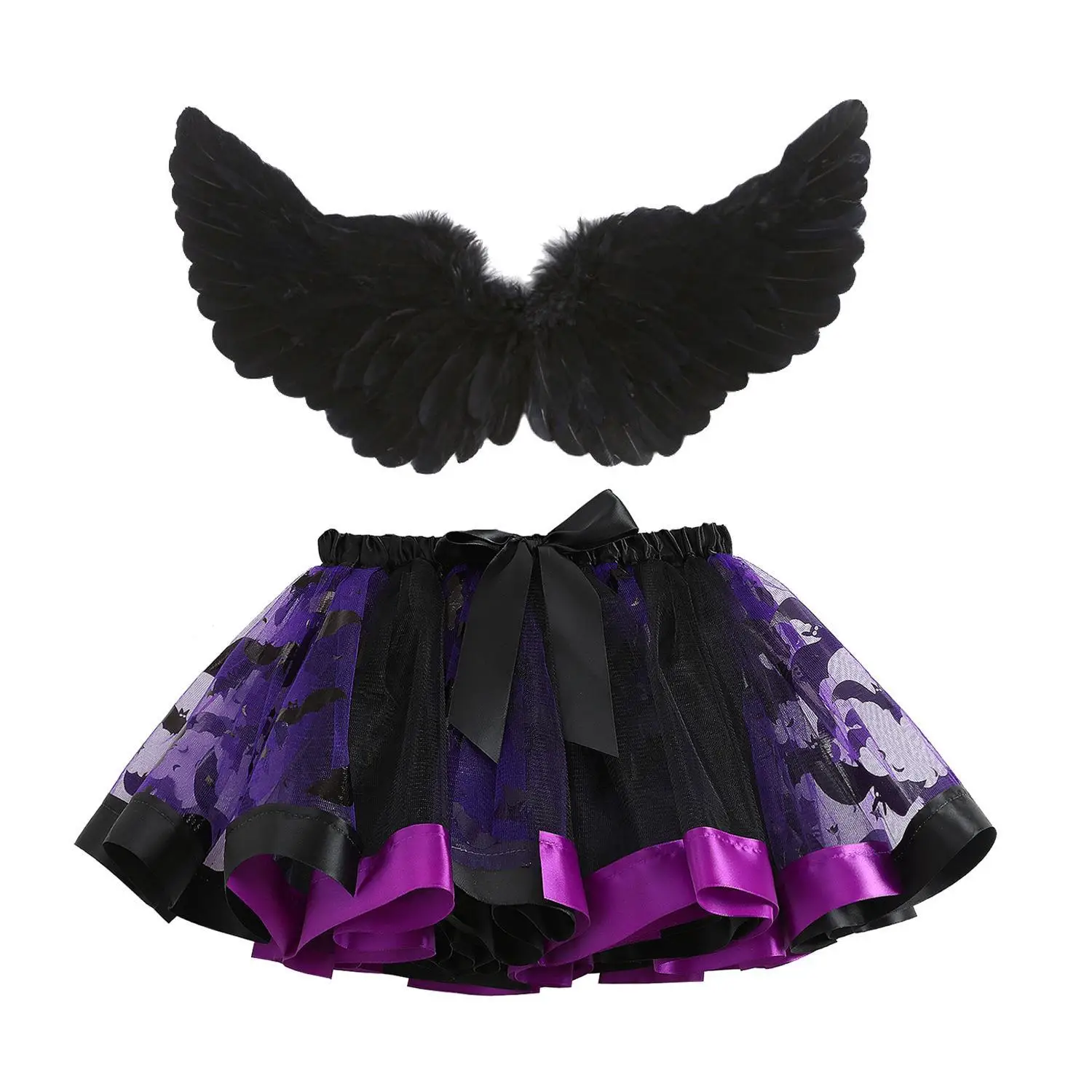 Halloween Kinder Tule Rok met Veren Vleugels Print Netto f Rok Bla Tweedelige Set Cartoon PU Materiaal Lente seizoen