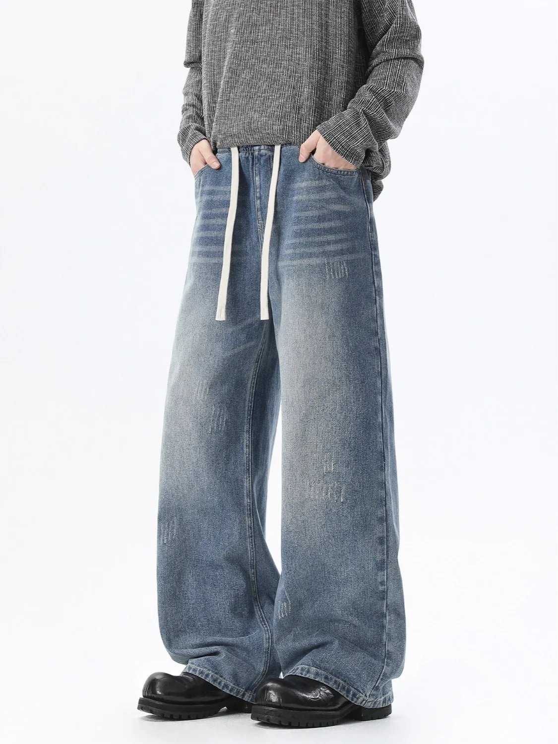Autumn Washed Blue Straight Leg Jeans American Retro Casual Fashion Loose Simple Versatile Ripped Men Drawstring Denim Pants