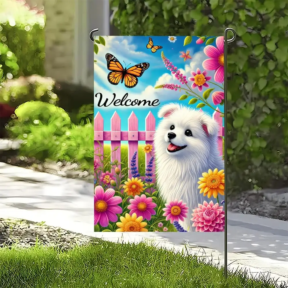 Welcome Puppy Garden Flag 12x18 Inch Double Sided, Floral Spring Summer Decor, Yard Banner with Pink Flowers YYN UUV EEU SSL hhz