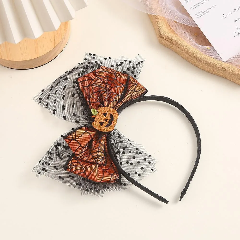 

Halloween Pumpkin Devil Headband Glittery Orange Spider Web Bow Black Mesh Party Hat for Costume Themed Events Photo Props