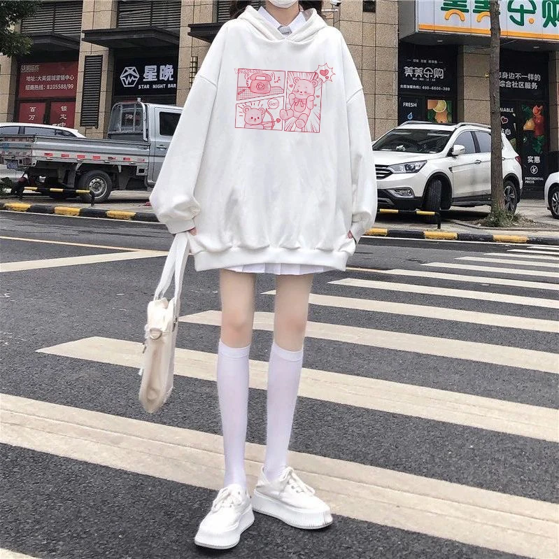 Japan Style Kawaii Hoodies Women Soft Girl Harajuku Bunny Bear Print White Sweatshirt Sweet Tops Cute Clothes Gothic punk tops