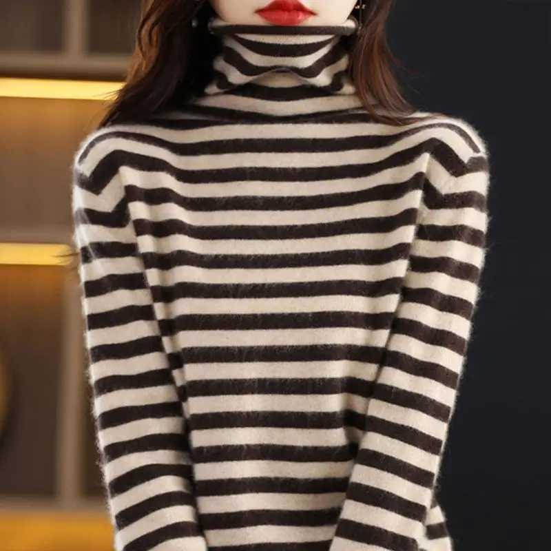 Suéter de punto a rayas con cuello alto para mujer, grueso, cálido, elegante, ideal para usar debajo de otras prendas, perfecto para el otoño e invierno, prenda básica.