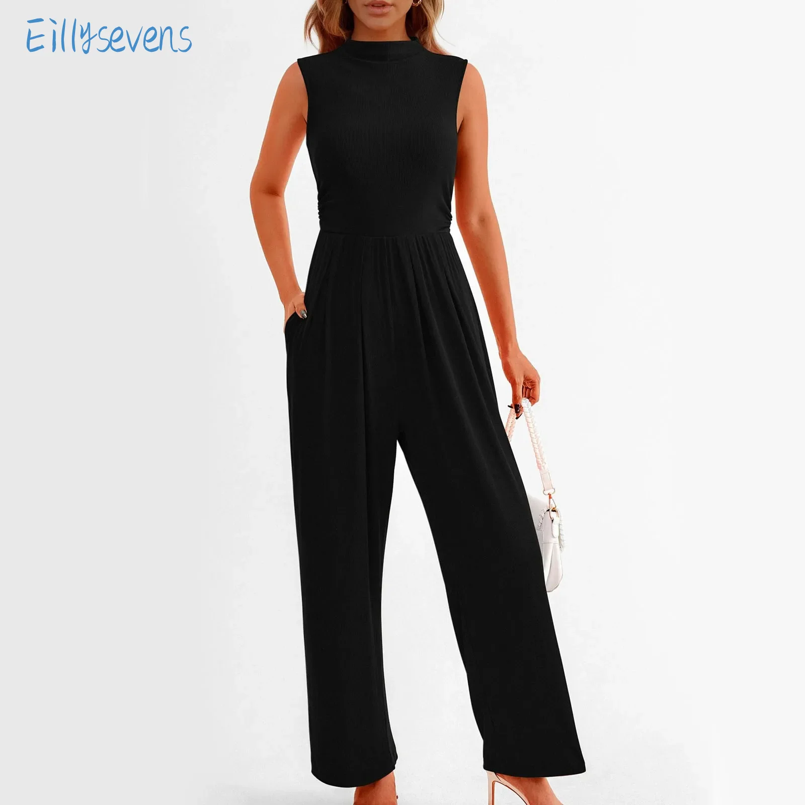 Tank Jumpsuits Casual Fashion Round Collar High Waist Loose Wide Leg Jumpsuits Solid Daily Commuting Comfy Rompers With Pockets