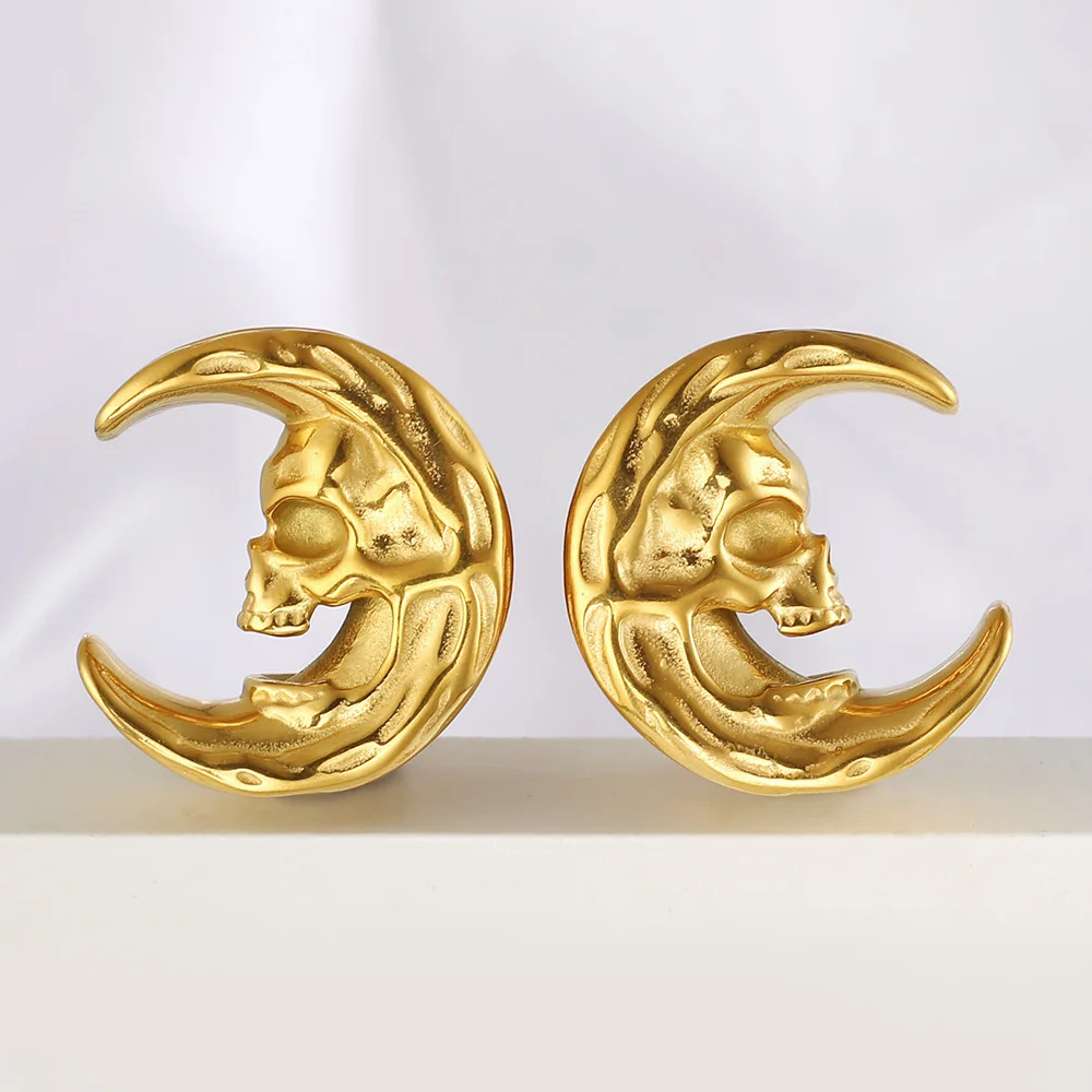 Casvort 2PCS 316 Stainless Steel Moon Skull Face Ear Tunnels Plugs Piercing Gauges Body Jewelry Stretched lobe Ear