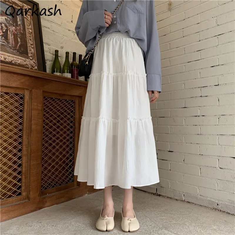 Midi Skirts Women Elastic Waist White Temperament Spring Mid-calf Empire A-line Feminine Faldas Harajuku Street Style Preppy New