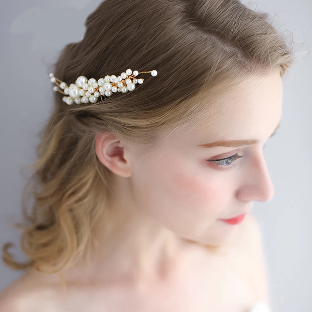 

2pcs Pearl Hair Comb Golden Women Hairpin Bride Insert Wedding Headpiece Bridal Headdress Party Prom Accessories