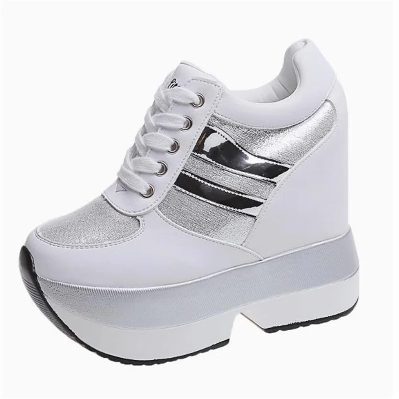 New Arrival Autumn Fashion Casual Shoes for Women High Platform Trainers 12 CM Thick Soled Black Silver Size 34-40