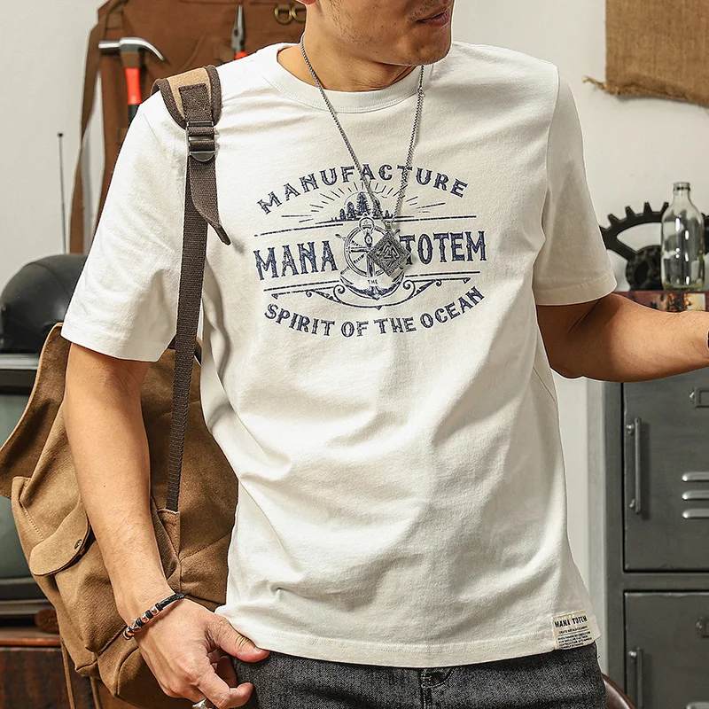 Retro Men's T-Shirts Short Sleeve Pure Cotton Round Neck Boat Steering Wheel Print Summer Casual Man T Shirt