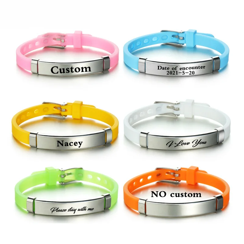 

NUOBING Engrave Name Date ID Soft Silicone Bracelets Stainless Steel Custom Text Logol Anti Lost Bangle Jewelry Dropshiping