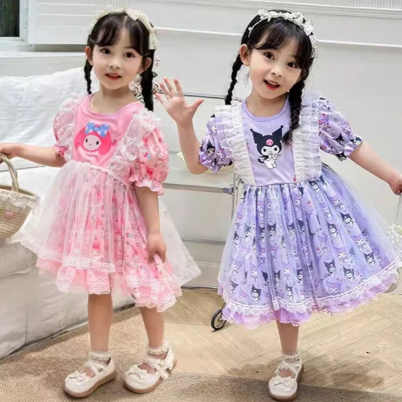 Sanrio Kuromi My Melody Girl Lolita Princess Dress Suit Summer Fashion Kawaii Children Short Sleeve Dress Baby Puffy Skirt Gift