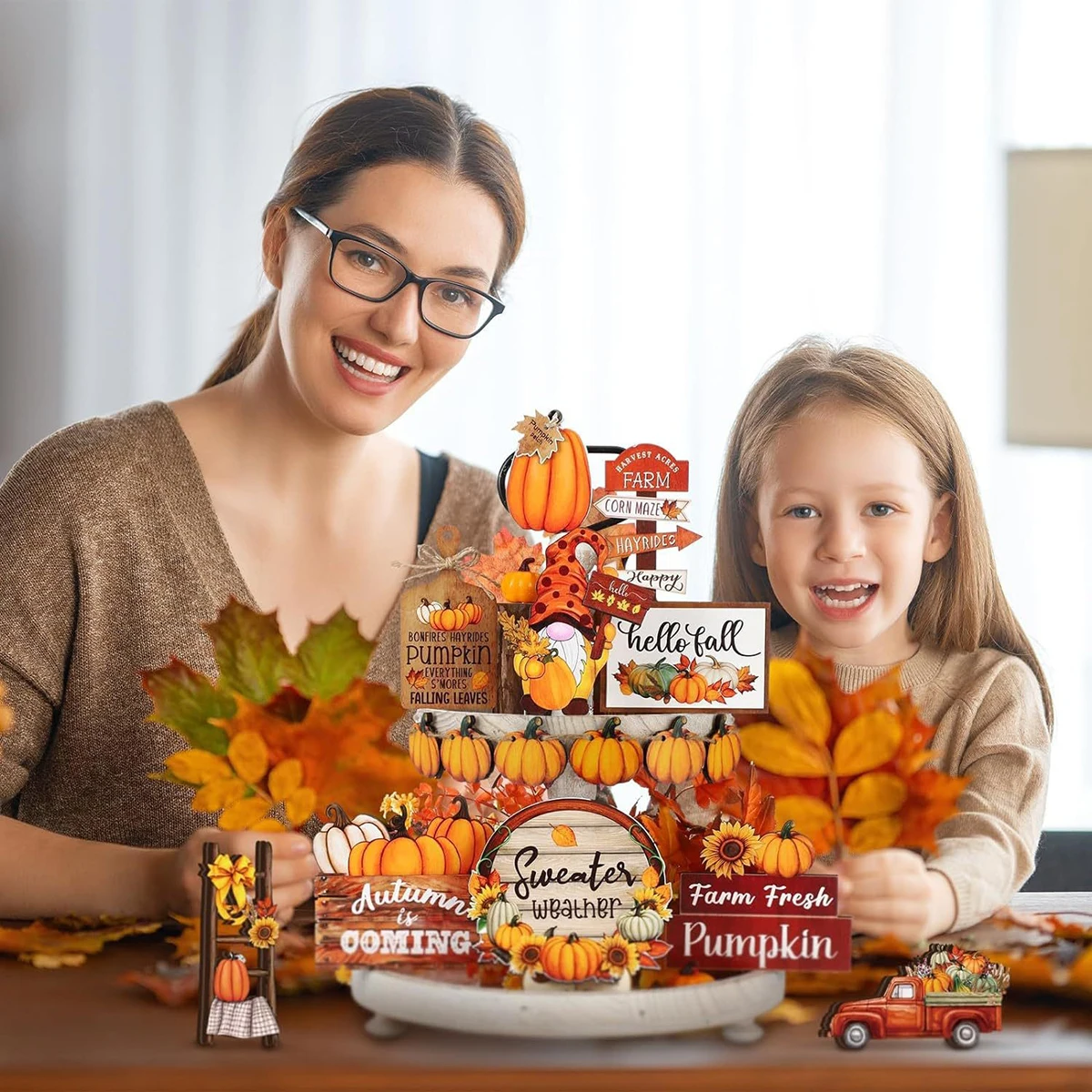 16PCS Wooden Tiered Tray Decorations Autumn Holiday Thanksgiving Party Tabletop Decor,Rustic Welcome Pumpkin Mini Wooden Sign