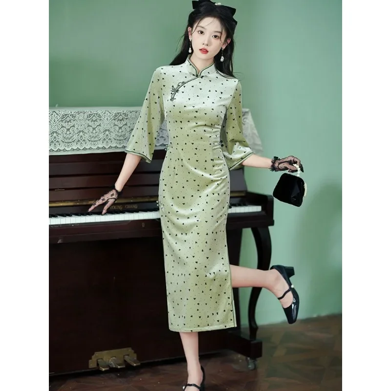 Summer Traditional Chinese Women Clothing Green Mid Sleeved Black Love Cheongsam Slim Improved Modern Qipao Vestidos Mujer