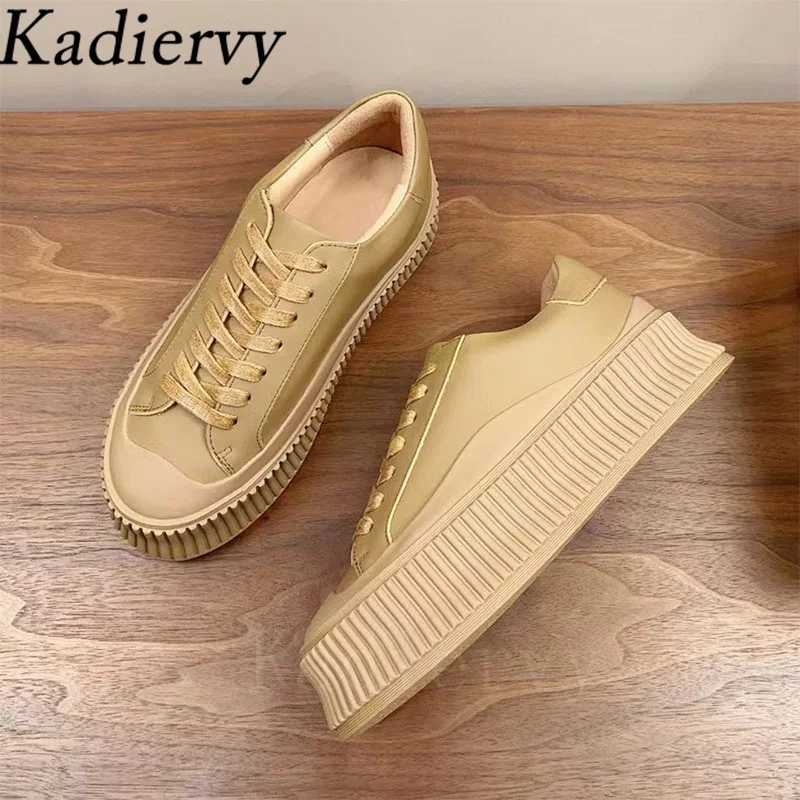 Hot Sales Thick Sole Sneakers Women Casual Outdoor Casual Shoes Lady Round Toe Lace Up Genuine Leather Flat Platform Shoes Woman