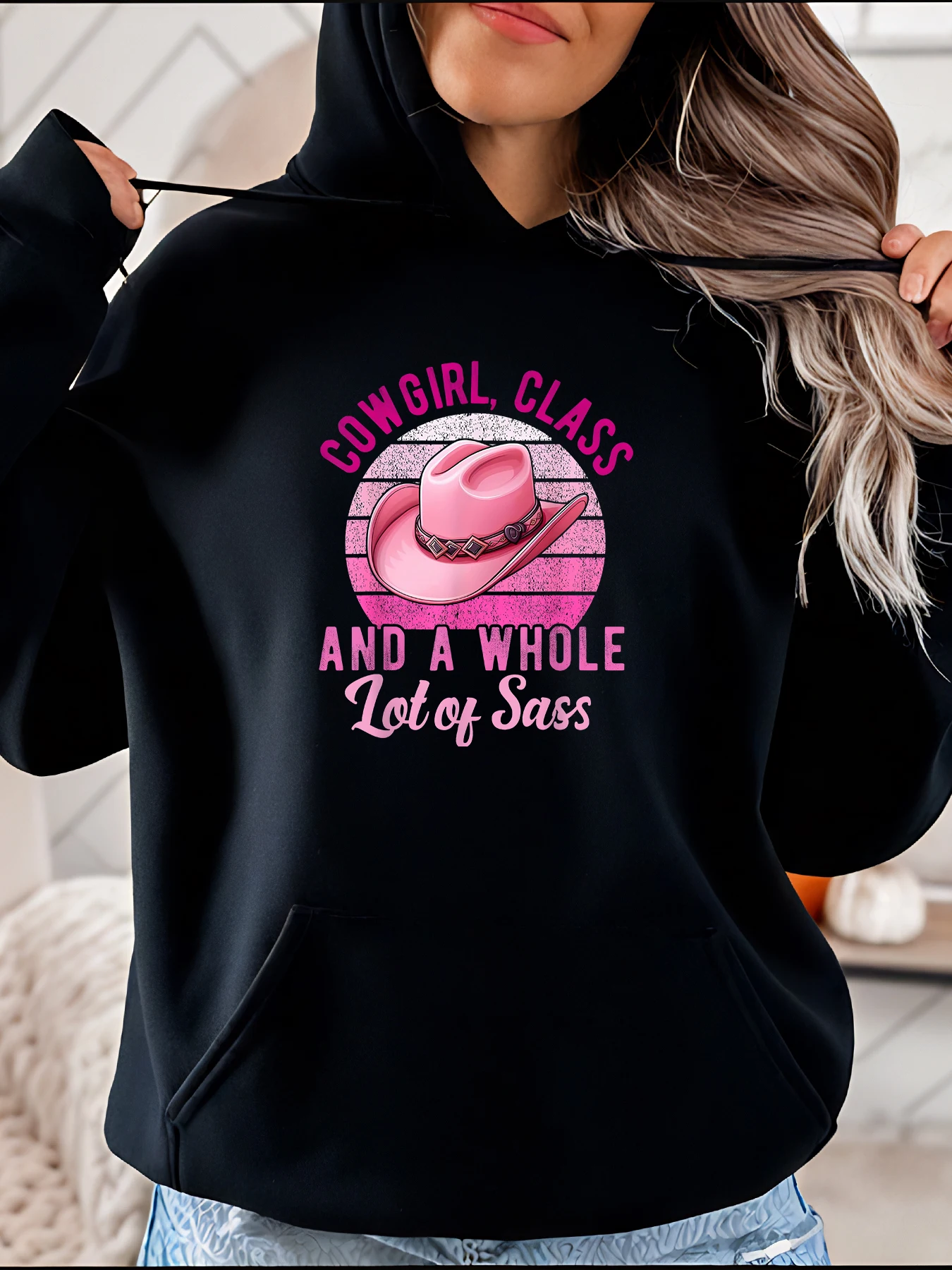 Cowgirl moletom com capuz rosa chapéu estampado moletom casual moda feminina estilo ocidental roupa para estilo de vida country