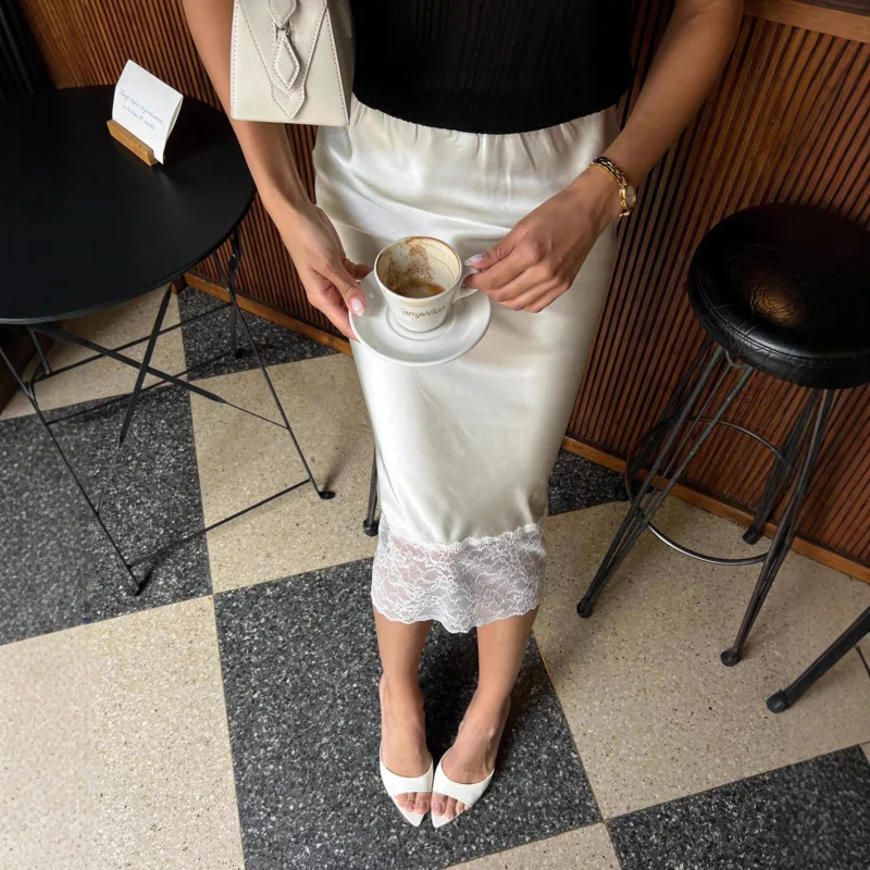Women's Satin High Waist Lace Splice Midi Skirt Solid Color Elegant Long Skirt Office Lady Summer Casual Party Vacation Wear New