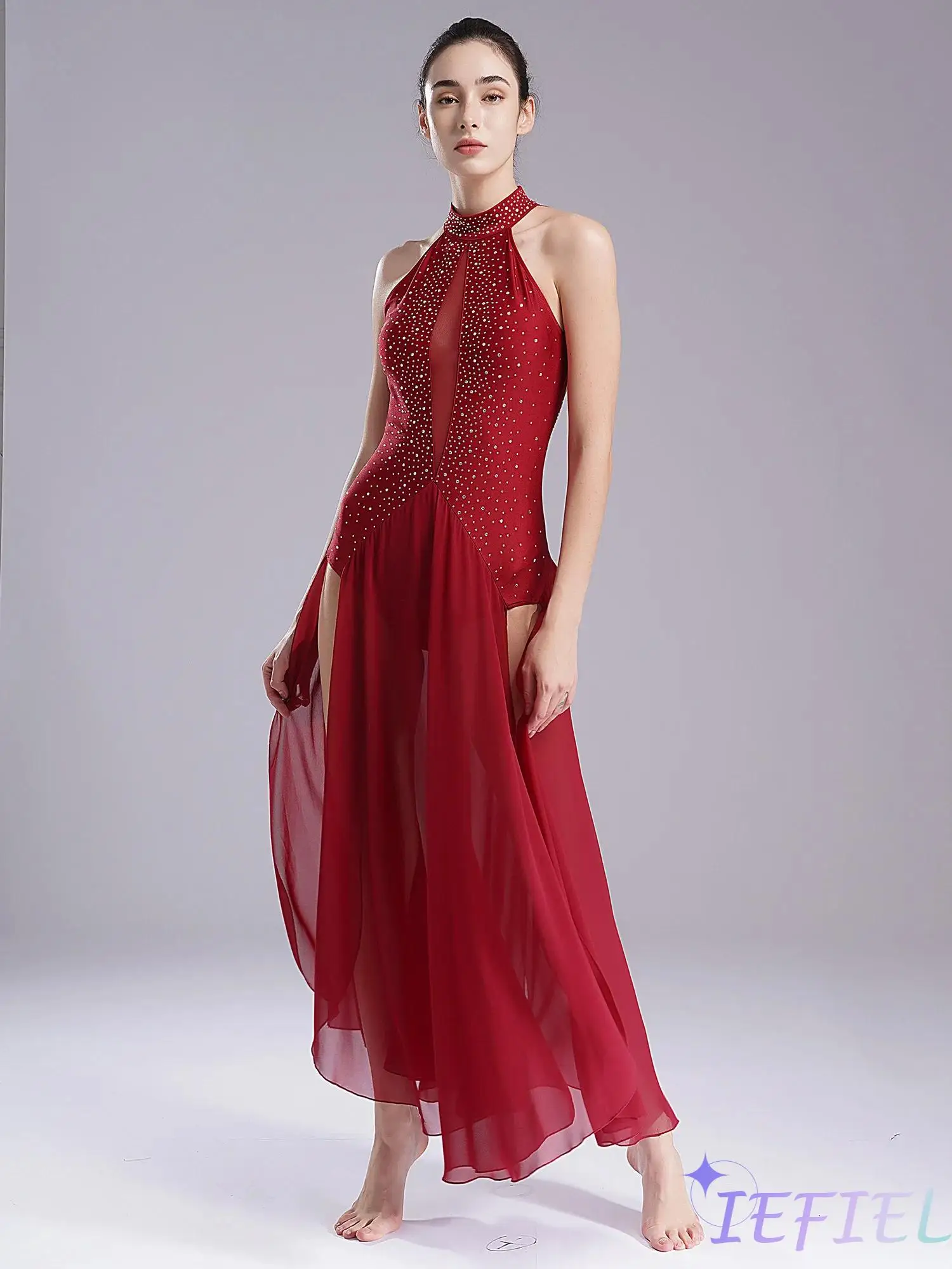 

Women Girl Sleeveless Lyrical Waltz Dance Costume Rhinestone Modern Contemporary Dance Leotard High Split Dancewear Unitard Maxi