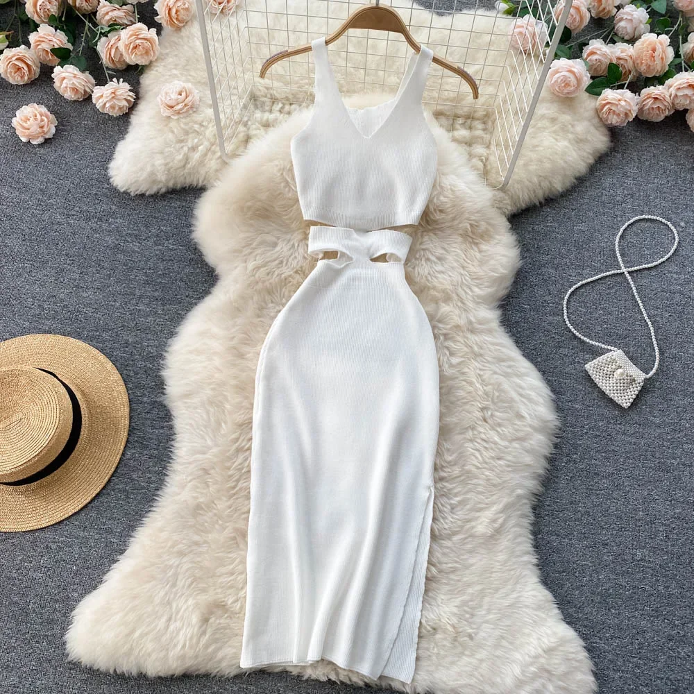 Summer Knit Sexy Strap Dress Women Hollow Out Elatic Waist Bodycon Sundress Female Beach Split Backless Long Dress