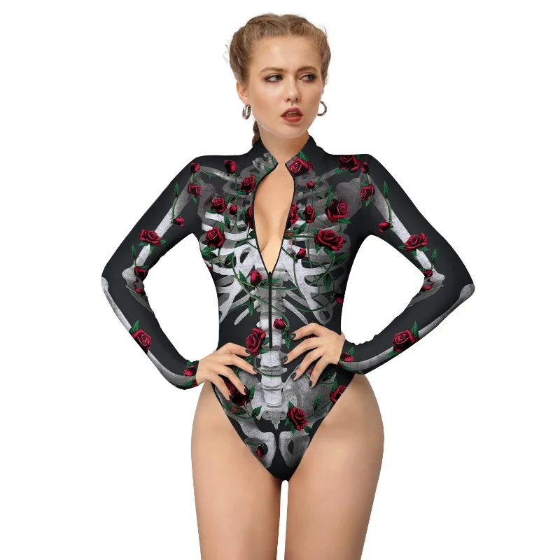 VIP Mode Frauen beängstigend Skelett Ghost Punk Print Halloween Langarm Zentai Bodysuit Catsuit sexy Badeanzüge Cosplay Kostüme