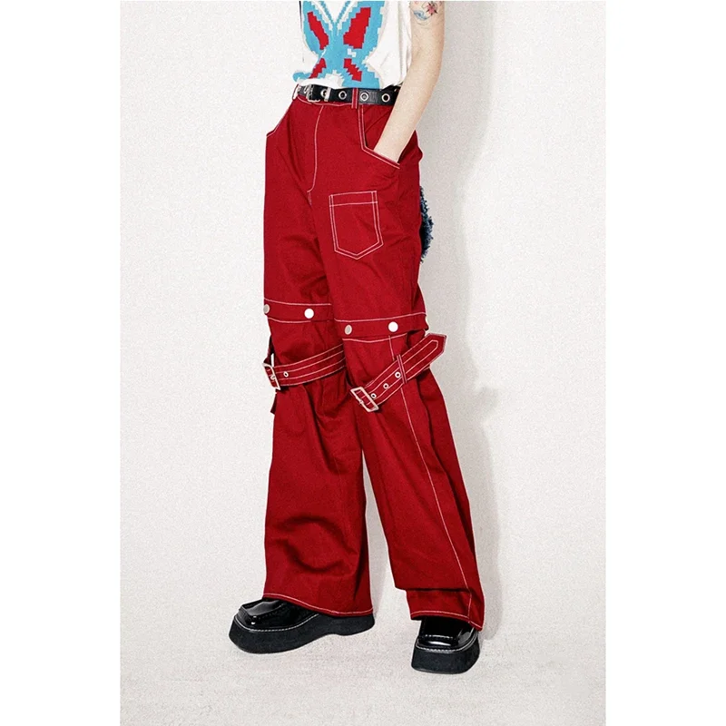 

Women Red Jeans Contrasting Colors High Waist HarajukuStreet Wide Leg Pants Fashion Hip Hop Vintage Straight SummerTrousers