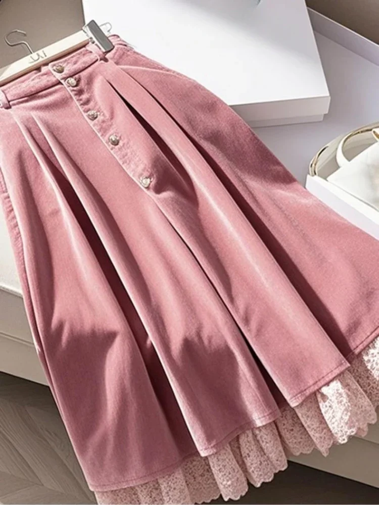 

Pink Skirts Women Corduroy Solid Autumn Winter Faldas Mujer Korean Fashion Elegant Sweet Vintage Long Skirt